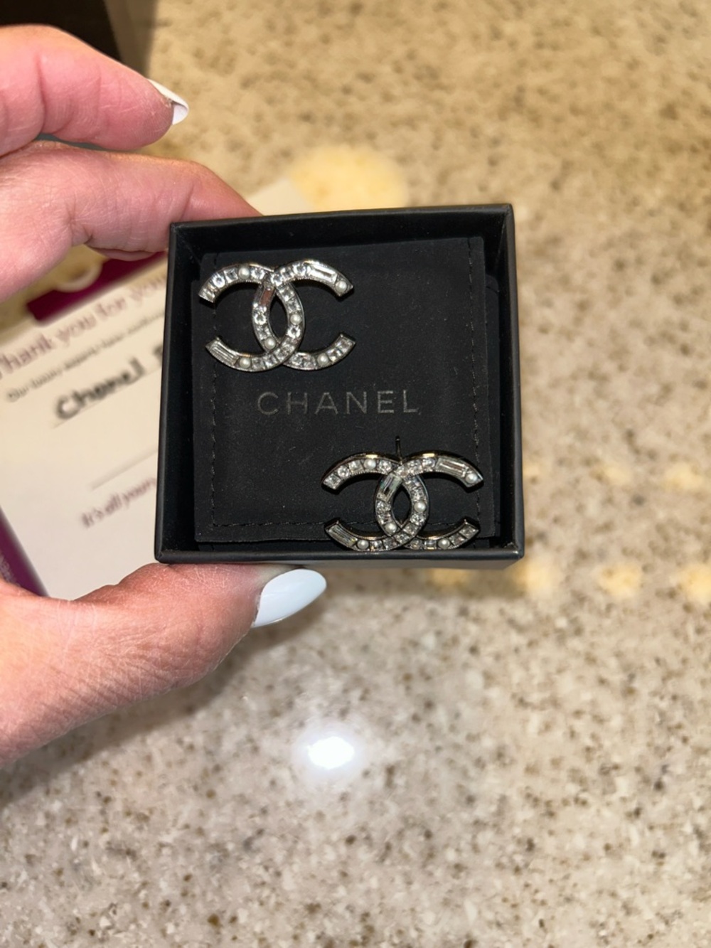 CHANEL Silver CC Crystal Logo Earrings